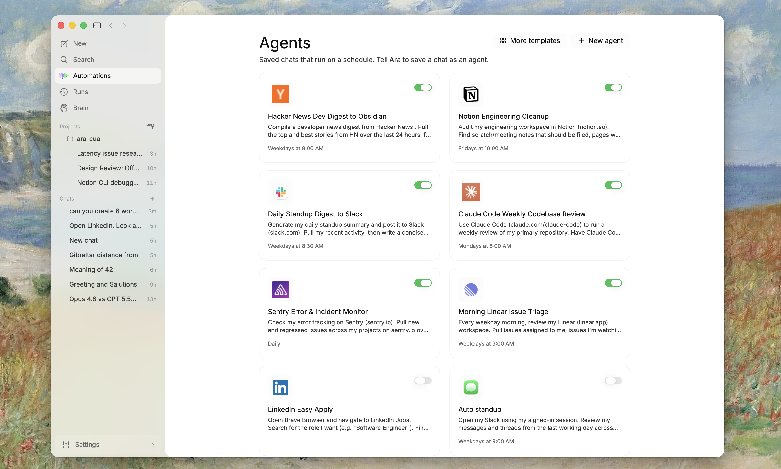 Ara Desktop showing scheduled agent cards