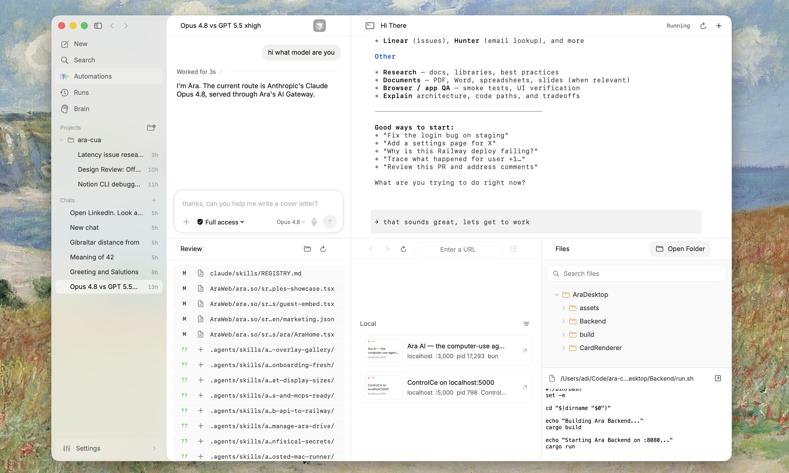 Ara Desktop showing a split chat, terminal, browser, and file-diff workspace