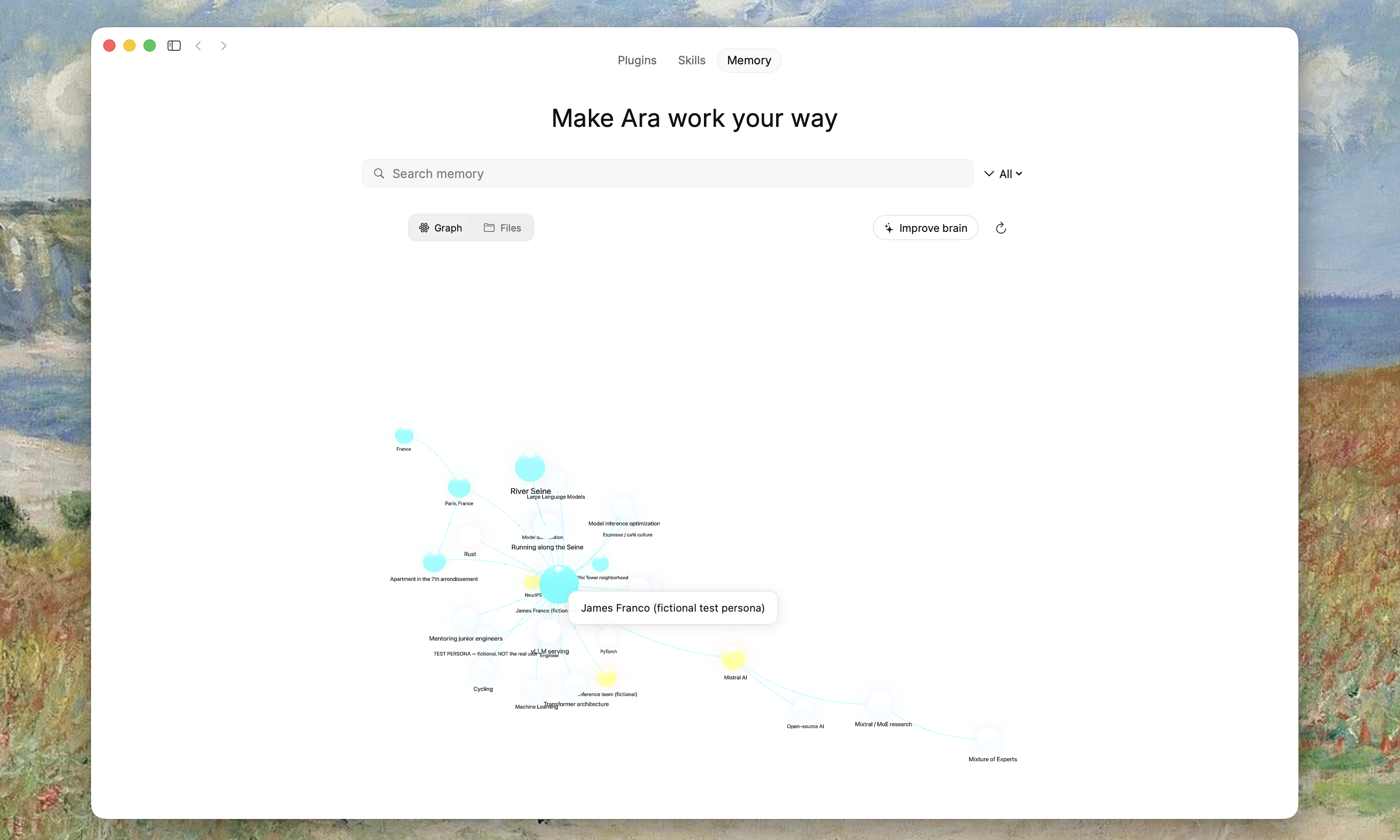 Ara Desktop showing the Memory graph in Brain