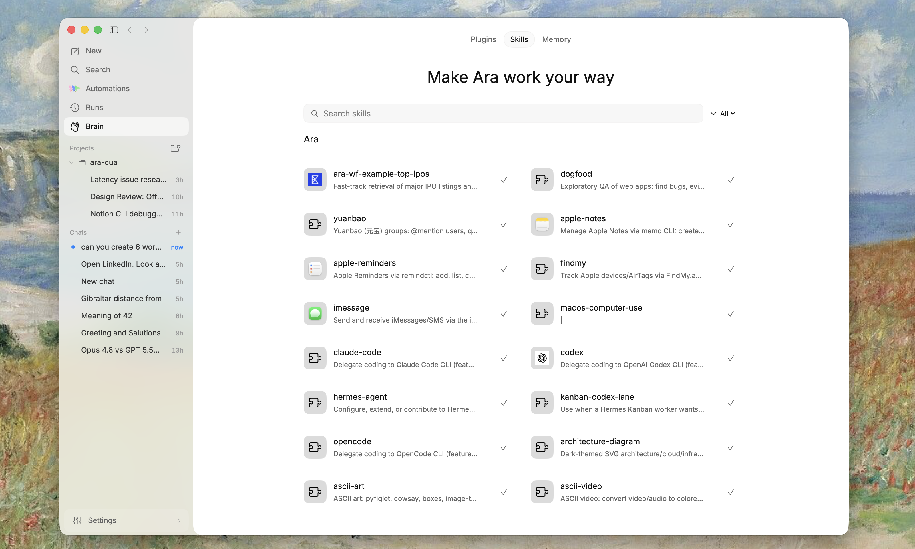 Ara Desktop showing the Skills tab in Brain